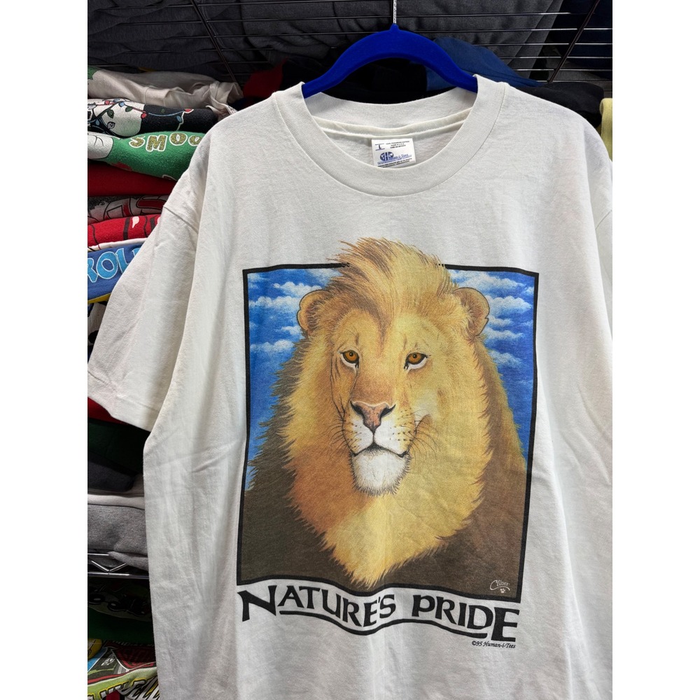 Vintage 1995 Human-i-Tees Natures Pride Lion T-Shirt White Single Stitch XL